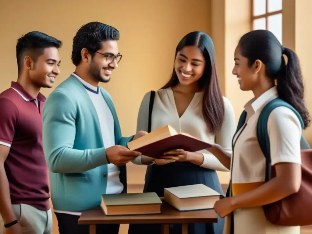 Estudiantes diversos intercambian libros y objetos culturales en Uruguay, representando los beneficios de los intercambios estudiantiles en educación