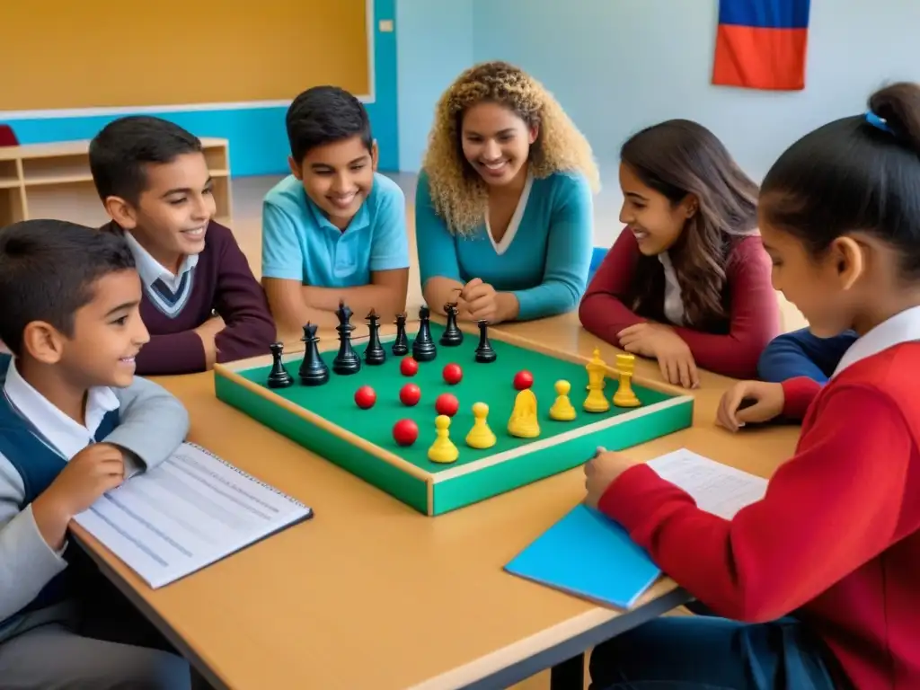 Estudiantes disfrutan de evaluación lúdica en aulas uruguayas, colaborando y resolviendo problemas entre materiales educativos coloridos y tecnología