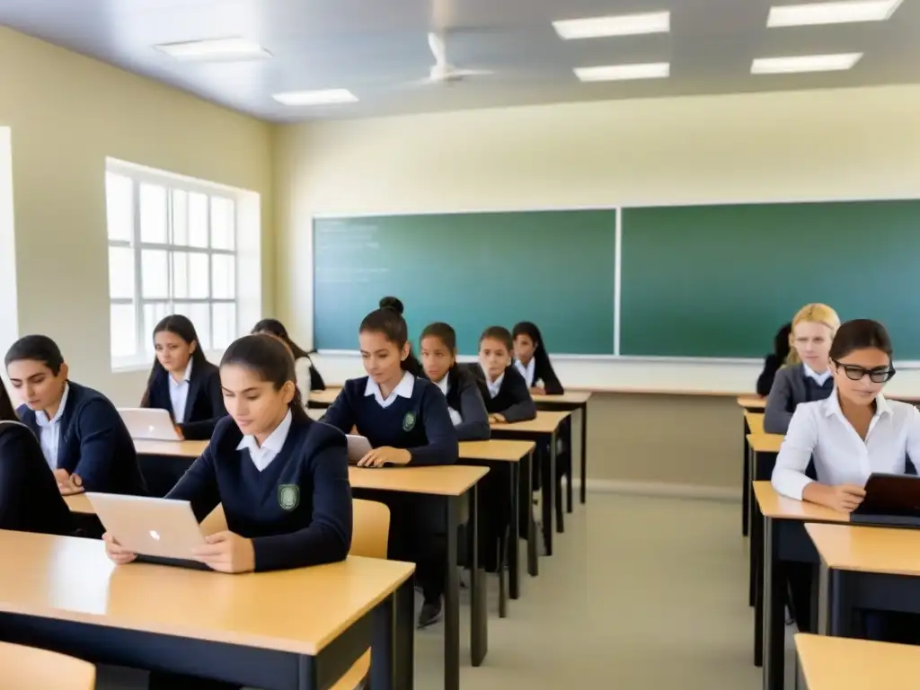 Estudiantes y maestro usando tecnología en aula moderna de Uruguay