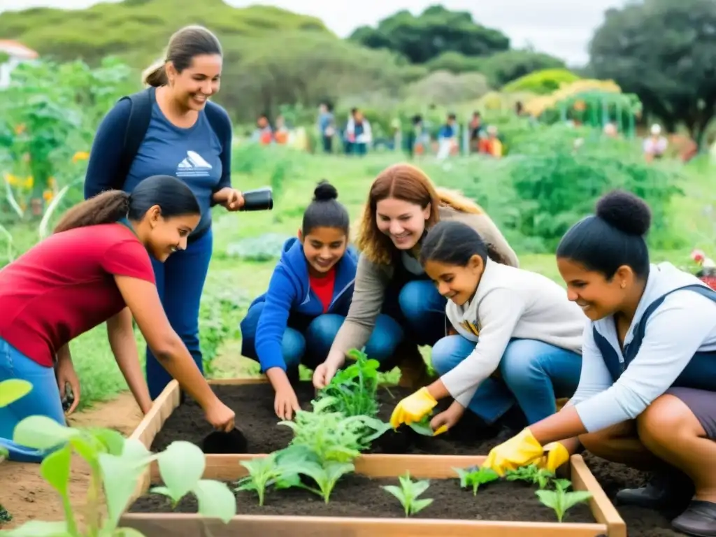 Estudiantes y maestros realizan actividades en un huerto comunitario en Uruguay, fomentando el Aprendizaje Servicio educativo