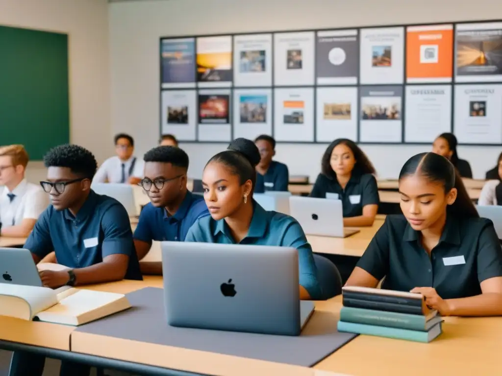 Estudiantes inmersos en medios: guía vocacional moderna Estudiantes diversos explorando medios y cultura en aula moderna