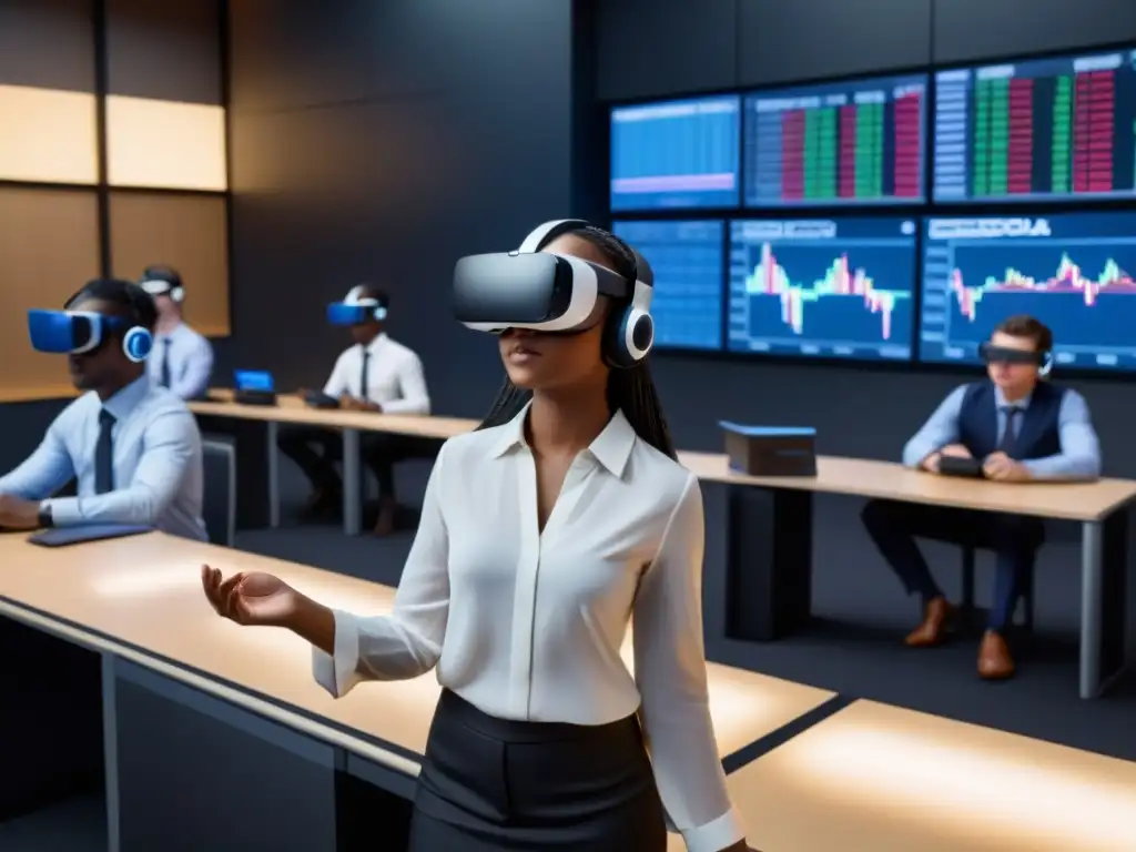 Estudiantes en simulación VR de mercado financiero en aula futurista