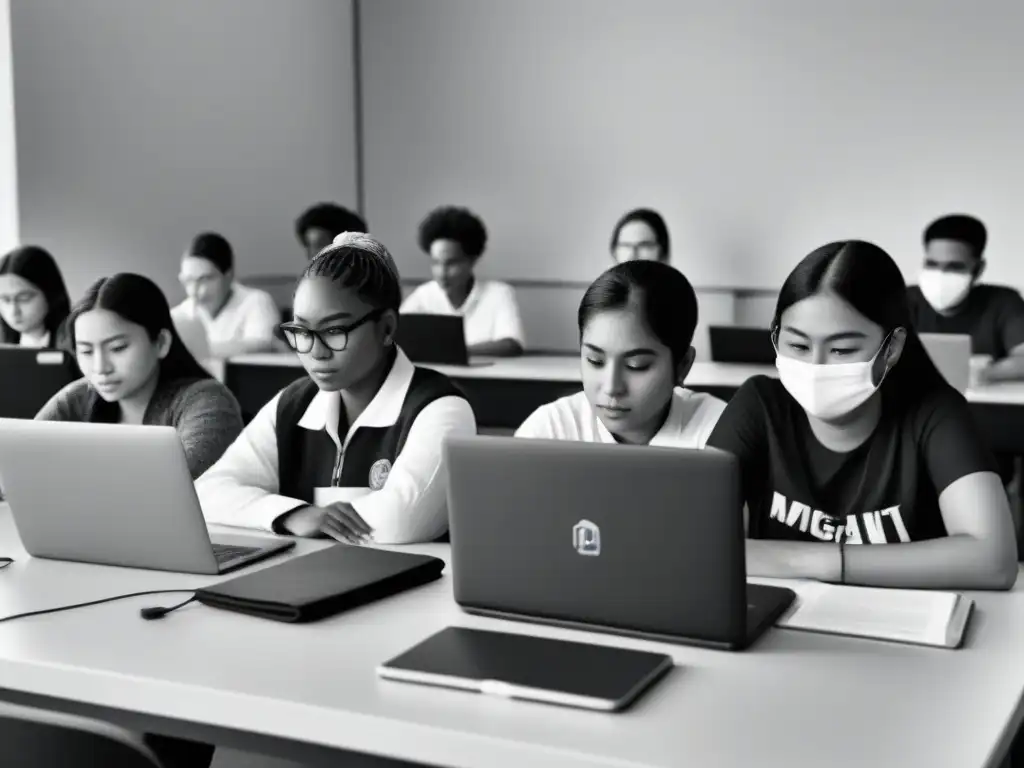 Estudiantes migrantes de diversos países estudian juntos en aulas virtuales con laptops, mostrando unidad en la diversidad y concentración