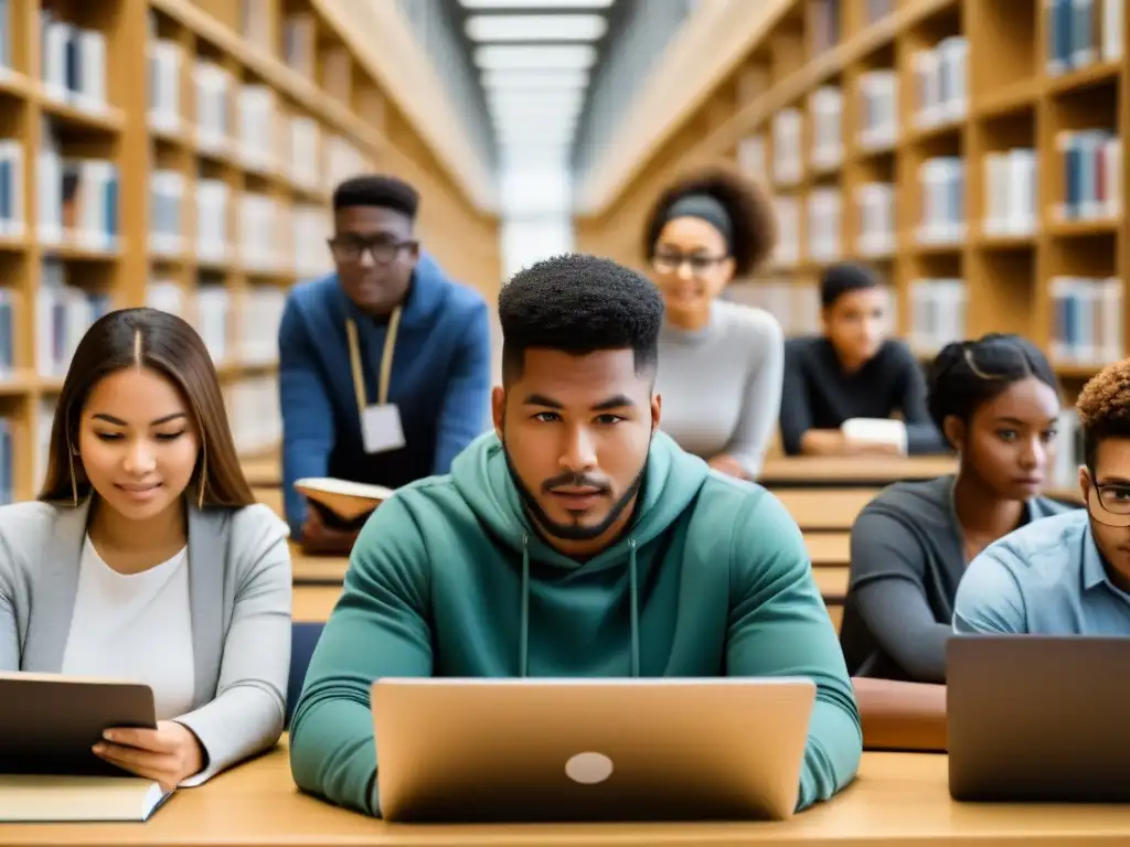 Estudiantes de distintas minorías estudian juntos en biblioteca universitaria moderna