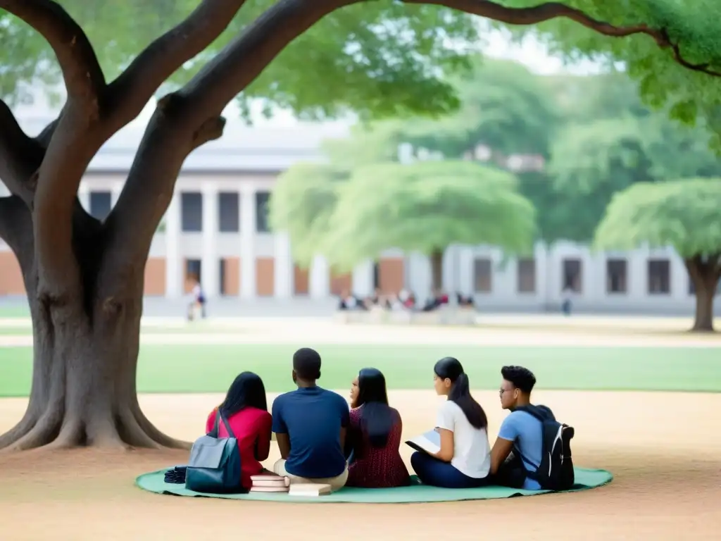 Estudiantes de todo el mundo estudian juntos bajo un árbol en campus universitario, simbolizando unidad y colaboración