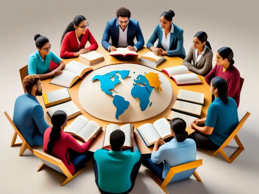 Estudiantes de Uruguay y el mundo comparten conocimiento Estudiantes de Uruguay y del mundo colaborando juntos en círculo con libros abiertos, simbolizando equidad educativa y convenios internacionales