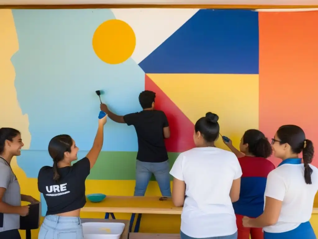 Estudiantes diversos realizan mural colaborativo en centro comunitario en Uruguay, destacando el Aprendizaje Servicio en Uruguay