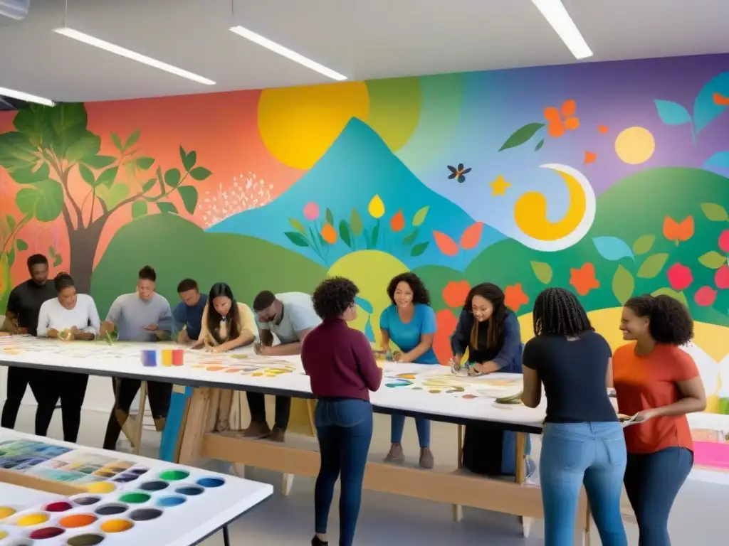 Estudiantes diversos crean mural en estudio de arte vibrante, mostrando la importancia educación artística resolución conflictos