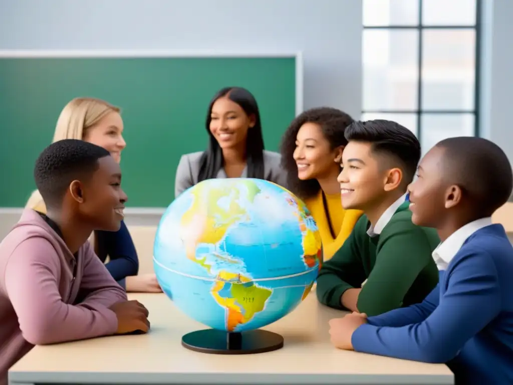 Estudiantes de diversas nacionalidades discuten alrededor de un globo iluminado en un aula moderna, destacando la educación en Uruguay economía global