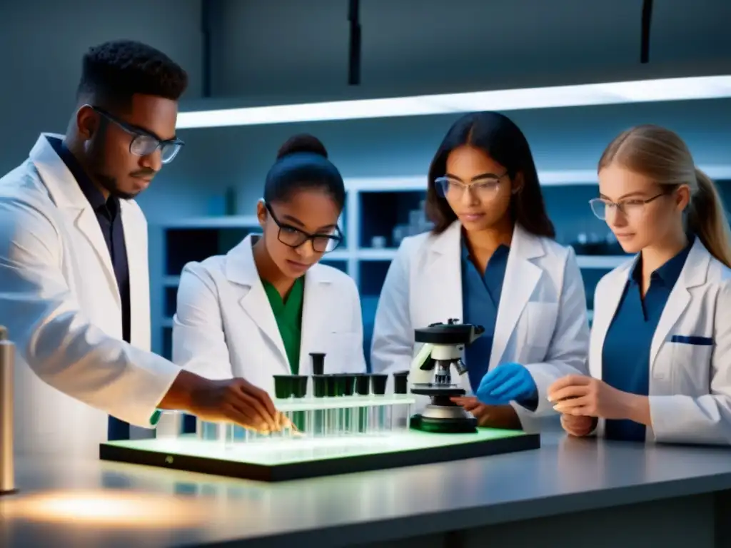 Estudiantes de distintos orígenes culturales colaboran en un laboratorio de ciencias, mostrando trabajo en equipo