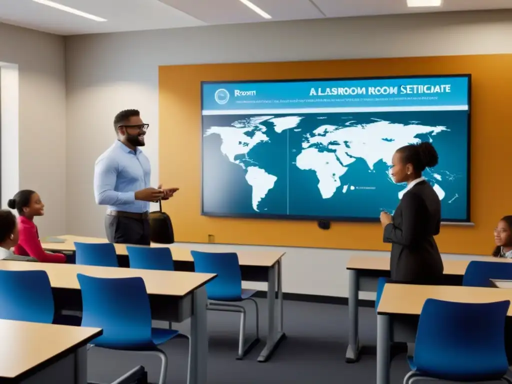 Estudiantes de diferentes orígenes participan entusiastas en un aula moderna con tecnología y gamificación en Uruguay