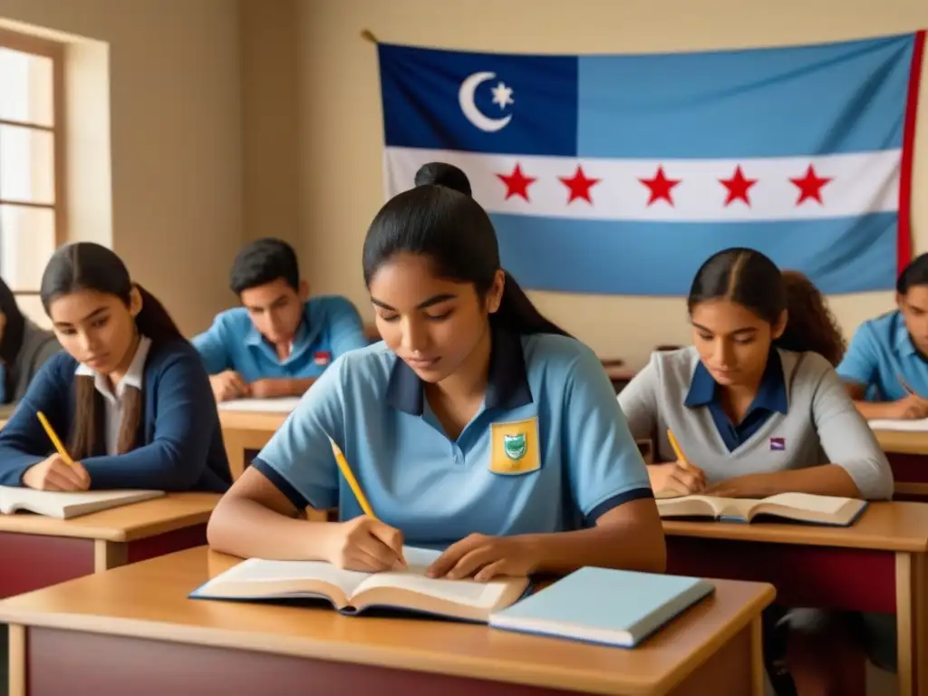 Estudiantes de diferentes países estudian juntos, con la bandera de Uruguay