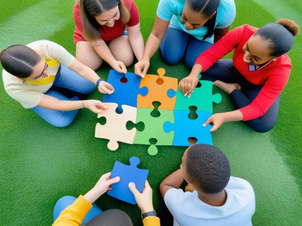 Estudiantes colaborando con piezas de puzzle de colores en campo verde