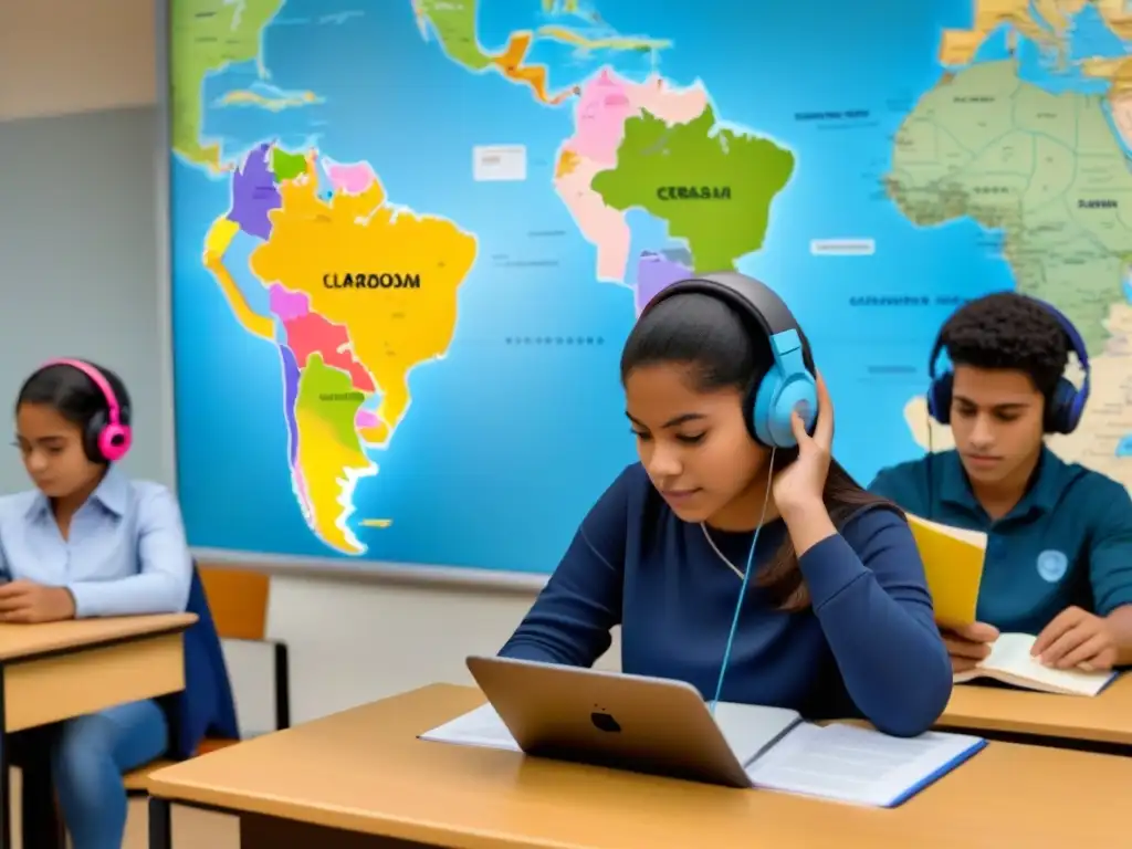 Aprendizaje multicultural con podcasts en aulas uruguayas Estudiantes diversos escuchando podcasts educativos en Uruguay, concentrados en aprender