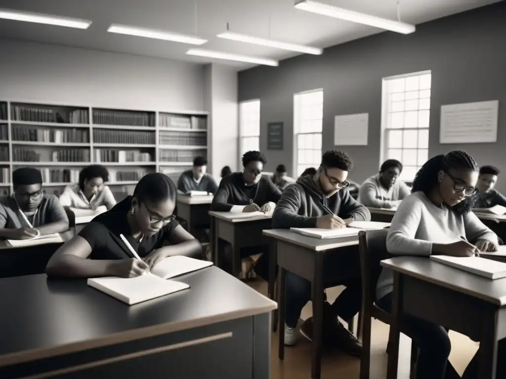 Estudiantes diversos escribiendo poesía en un aula llena de libros y bolígrafos