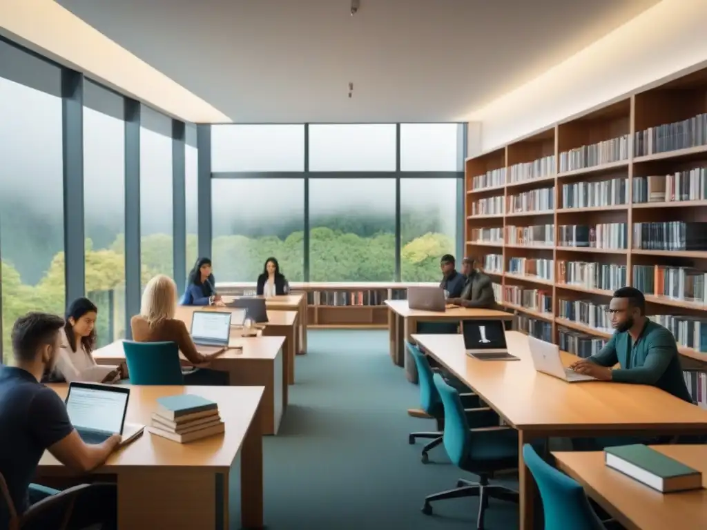 Estudiantes de posgrado estudian juntos en biblioteca moderna, rodeados de libros y laptops, con vista exterior serena