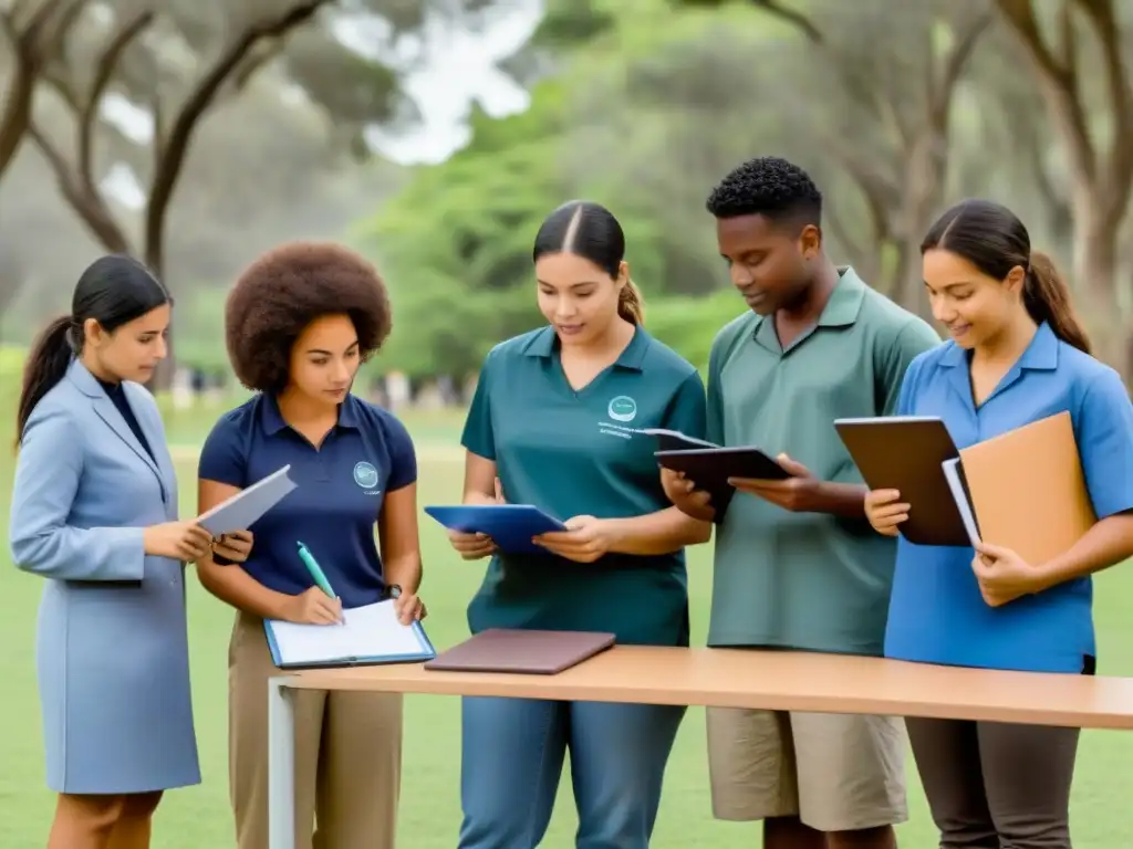 Estudiantes y profesores realizando investigación científica al aire libre en Uruguay, fomentando las ciencias ciudadanas en Uruguay