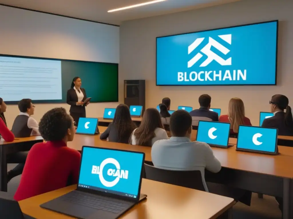 Estudiantes y profesores debaten en aula moderna con conceptos de blockchain