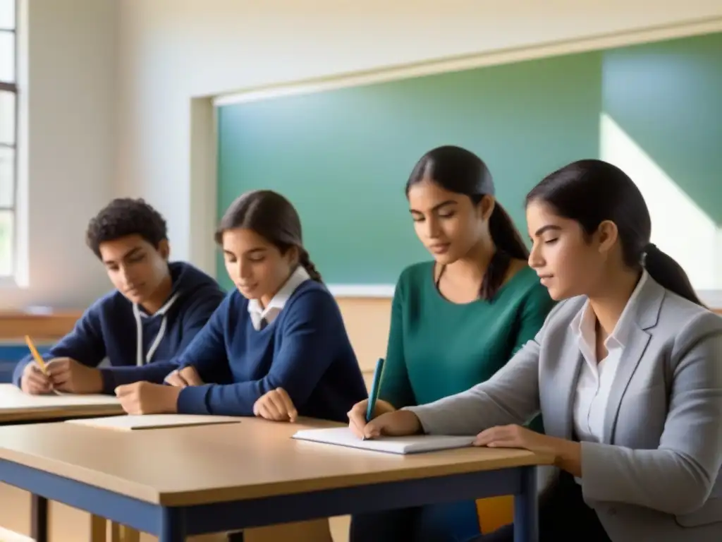 Estudiantes de Uruguay colaborando en un proyecto de aprendizaje basado en proyectos, en un aula moderna y luminosa