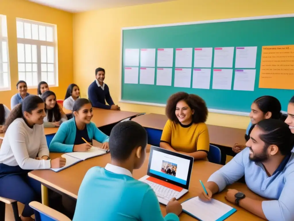 'Estudiantes diversos colaborando en proyecto de aprendizaje basado en proyectos en Uruguay'