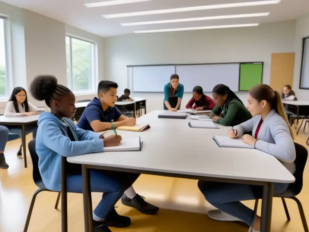 Estudiantes colaboran en proyecto de aprendizaje basado en proyectos en aula moderna y luminosa en Uruguay