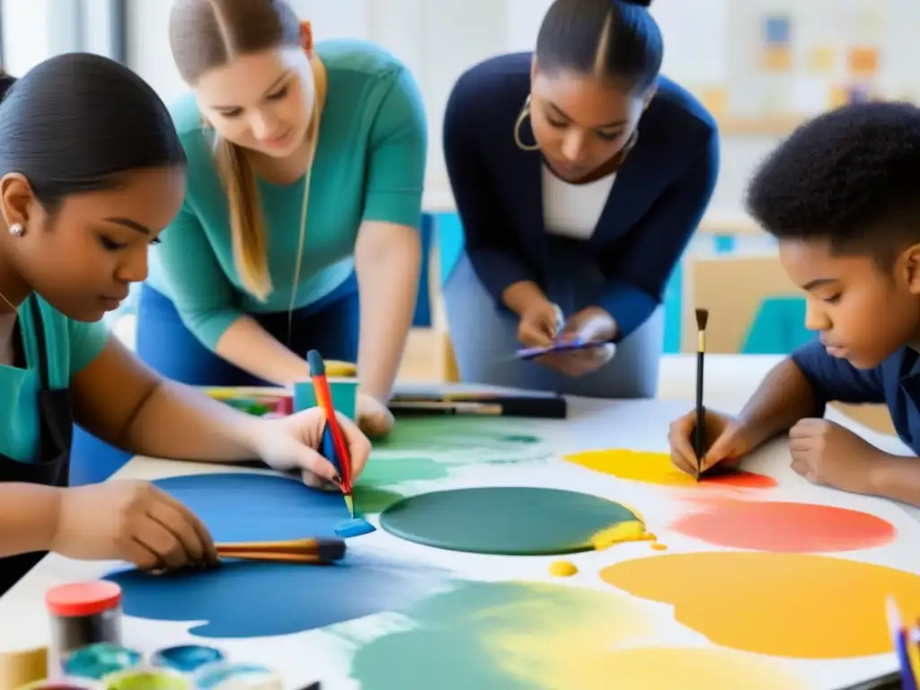 Estudiantes colaborando en proyecto artístico, reflejando creatividad y trabajo en equipo