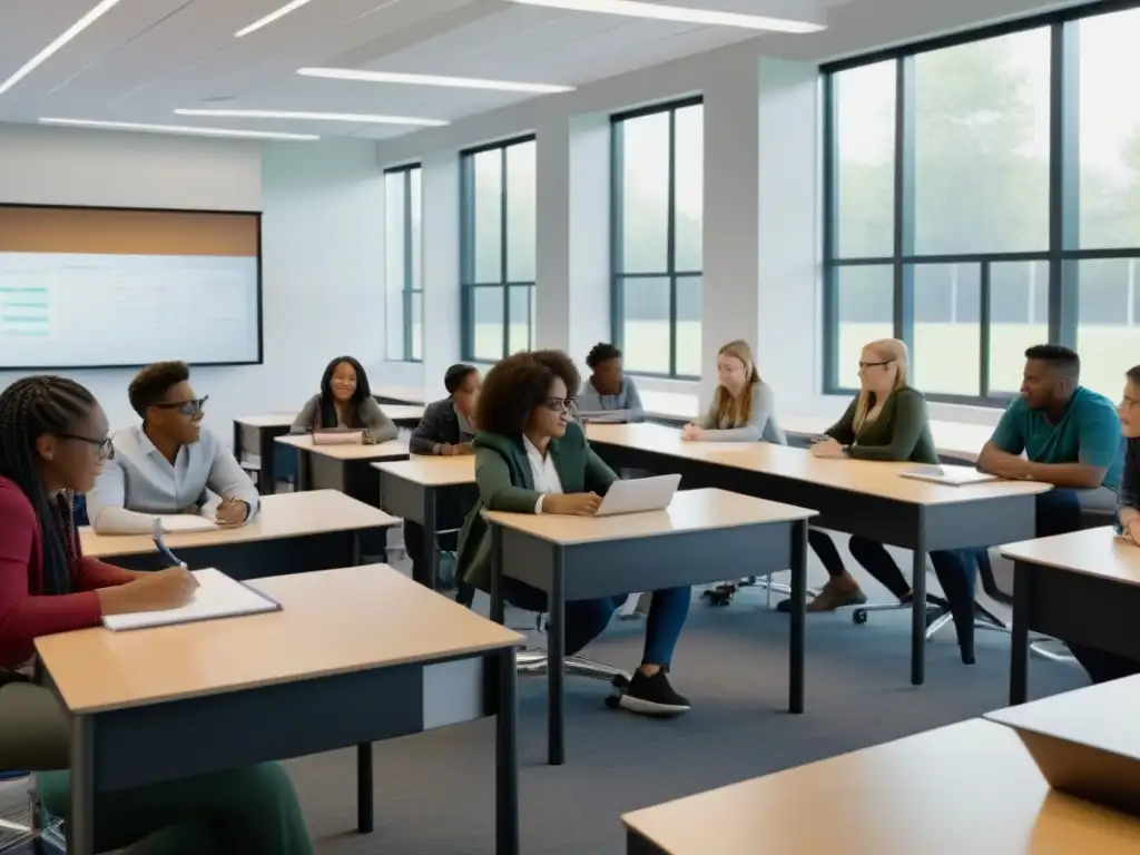 Estudiantes colaborando en proyecto en aula moderna y minimalista, Aprendizaje Basado en Proyectos Uruguay