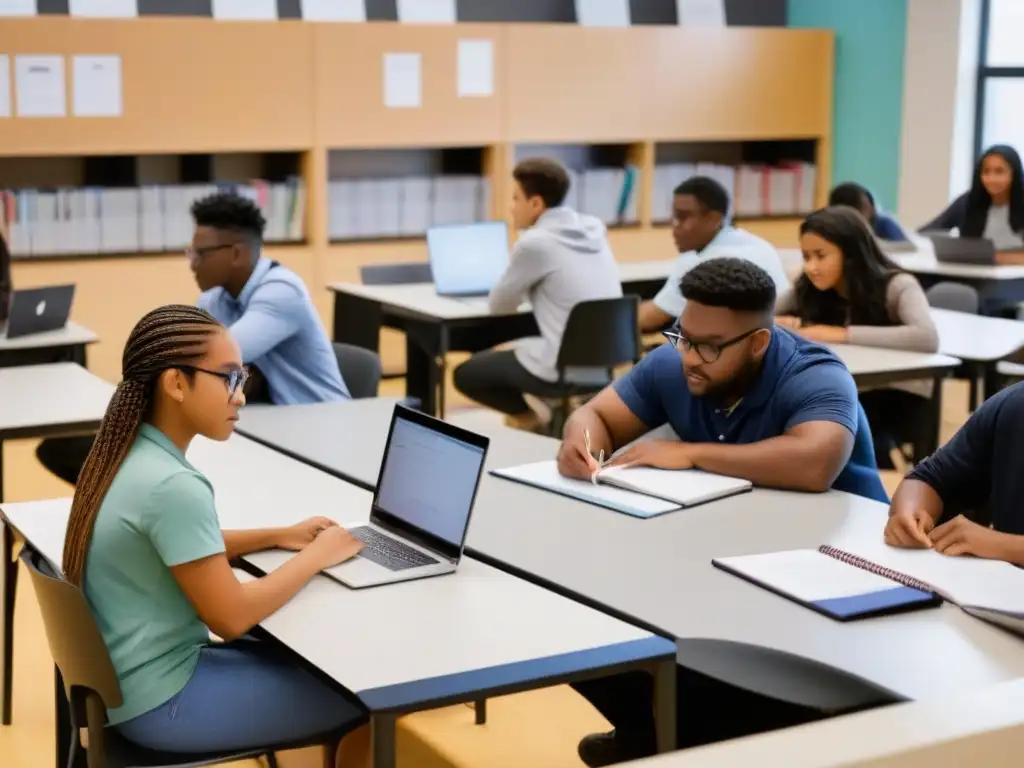 Estudiantes colaborando en un proyecto en un aula moderna de Uruguay