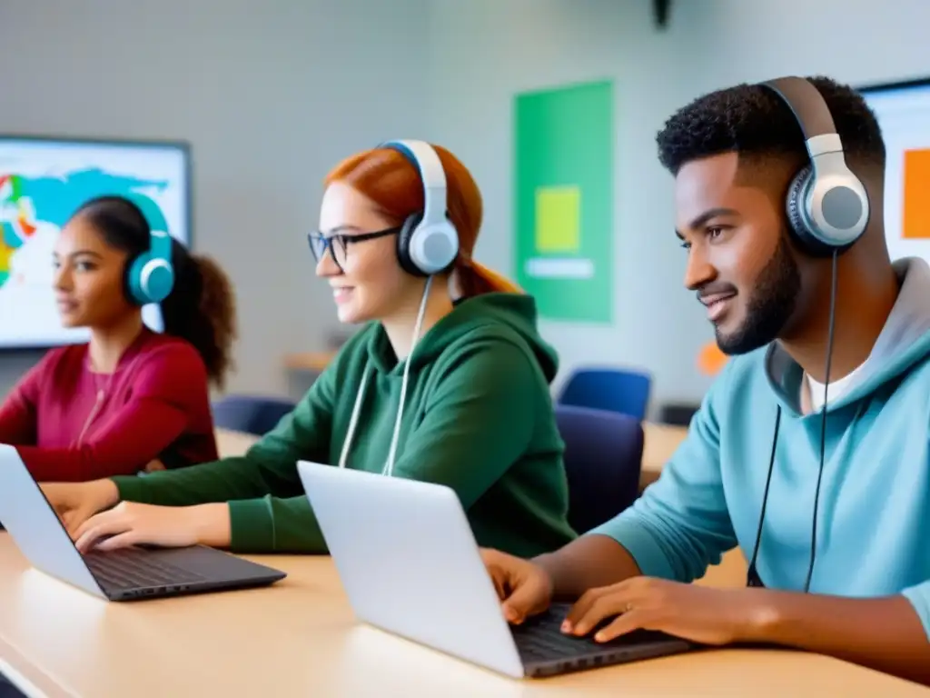 Estudiantes diversos colaboran en proyecto digital en aula luminosa, con gráficos coloridos de fondo