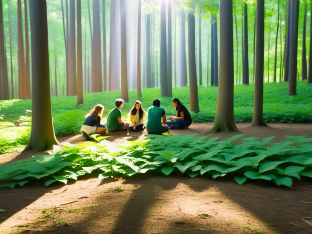 Estudiantes colaborando en proyecto ecológico en bosque