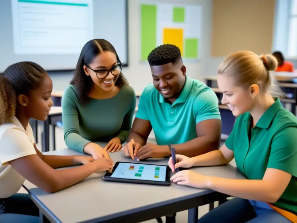 Estudiantes colaborando en proyecto educativo en aula moderna de Uruguay