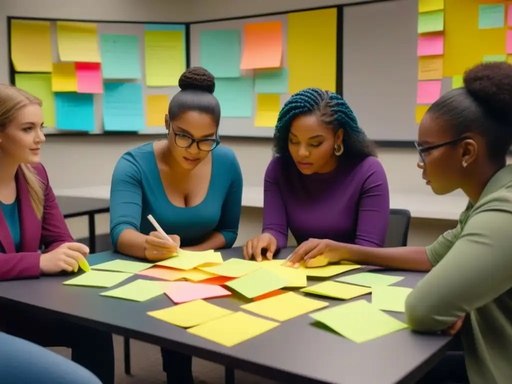 Estudiantes colaborando en proyecto educativo rodeados de materiales coloridos