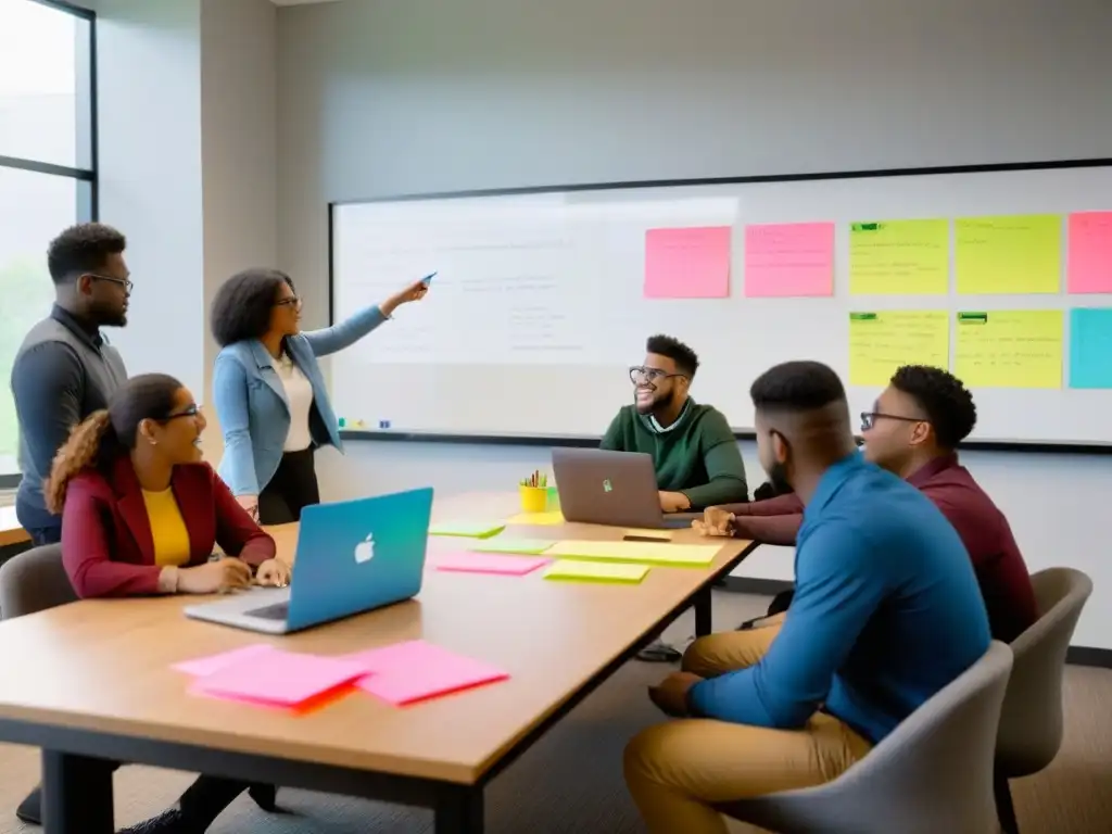 Estudiantes colaboran en un proyecto con Postit y laptops en un aula moderna y luminosa