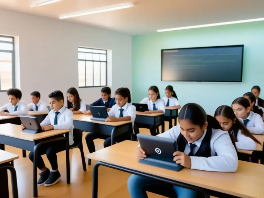 Estudiantes diversos colaboran en proyecto de tecnología blockchain en aula uruguaya, resaltando beneficios de blockchain en educación