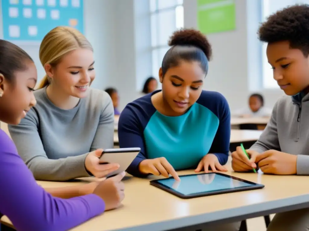 Estudiantes colaborando en proyectos educativos con tablets, simbolizando la integración tecnológica y el trabajo en equipo