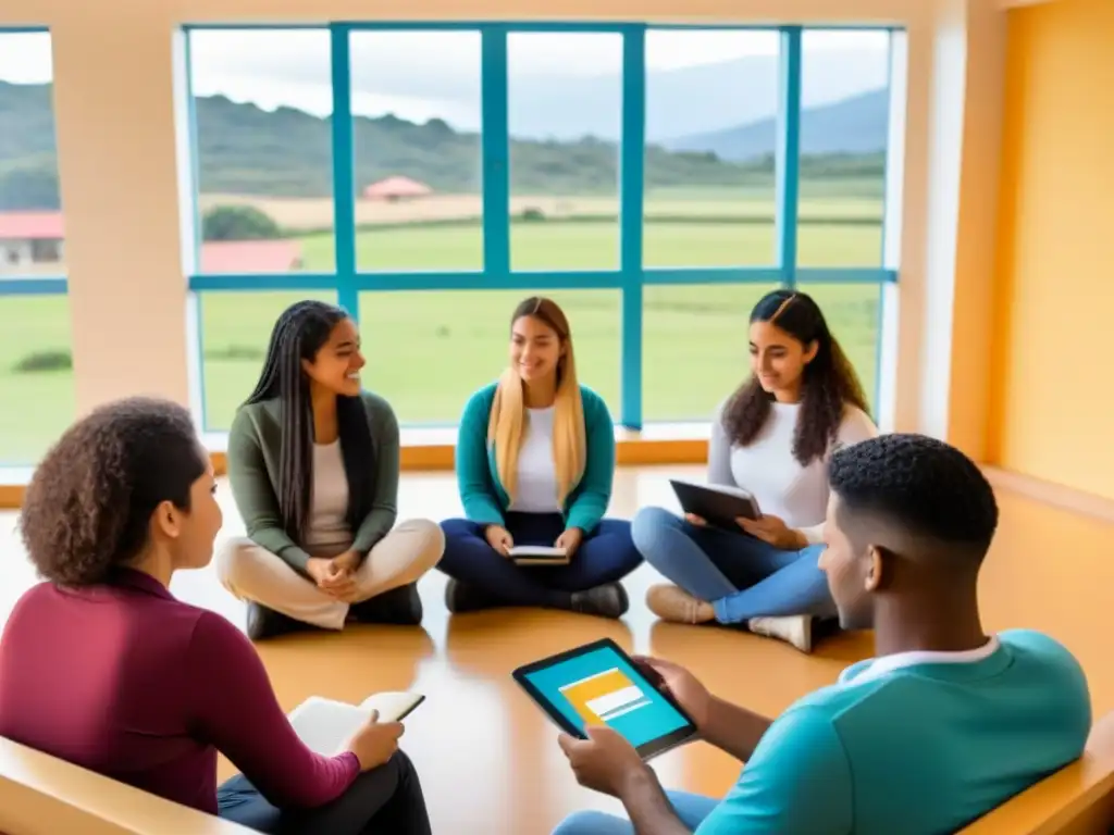 Estudiantes uruguayos diversidad educativa Estudiantes de Uruguay leyendo Recursos Educativos Abiertos en un aula moderna con paisaje uruguayo en ventana