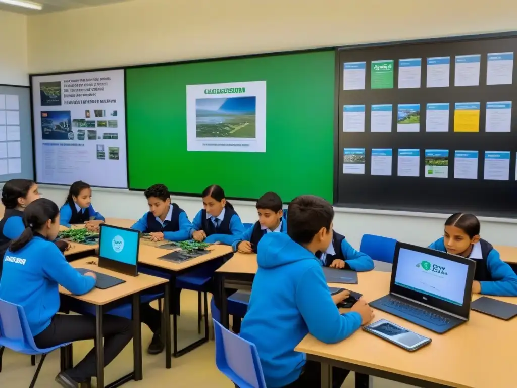 Estudiantes reciclando residuos electrónicos en aula moderna de Uruguay