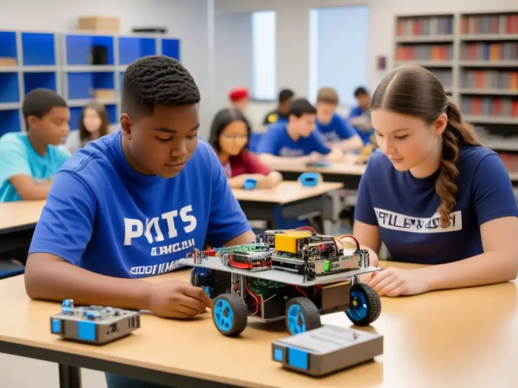 Estudiantes construyendo robots en aula moderna con kits avanzados