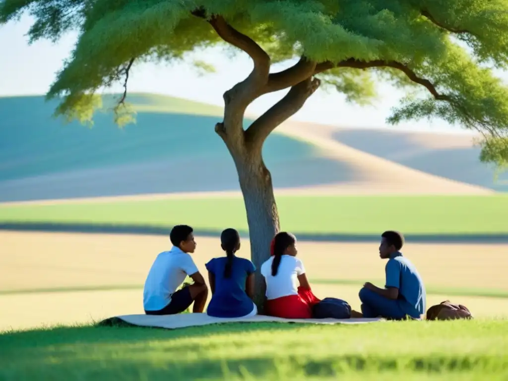 Estudiantes rurales colaborando bajo un árbol, destacando la importancia de habilidades blandas en la educación rural