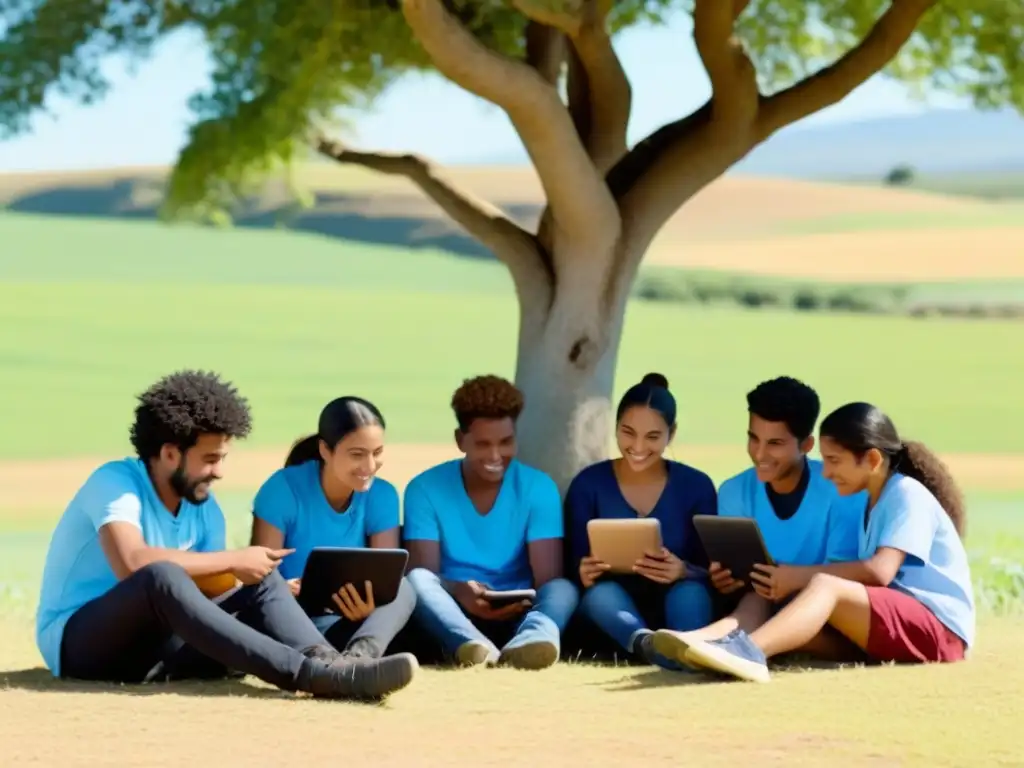 Estudiantes rurales en Uruguay colaborando con tablets en educación, bajo un árbol y un paisaje rural amplio y sereno