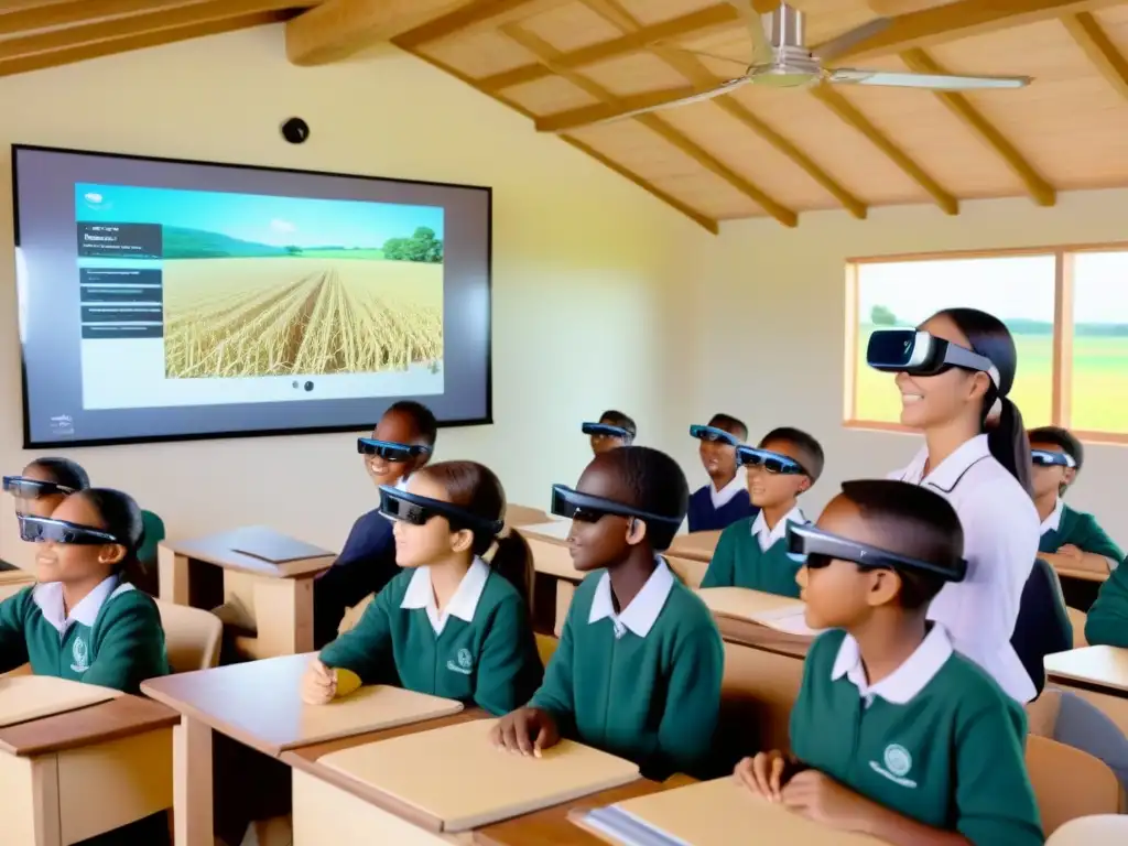 Estudiantes rurales usando gafas de realidad aumentada en educación rural