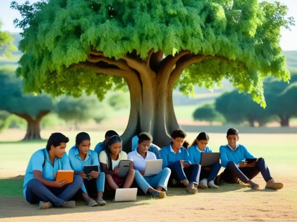 Estudiantes rurales de Uruguay inmersos en sus dispositivos educativos móviles bajo un árbol