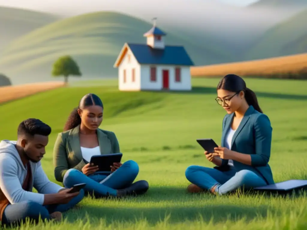 Estudiantes rurales interactúan con contenido digital móvil en armonía con la naturaleza y la educación tradicional