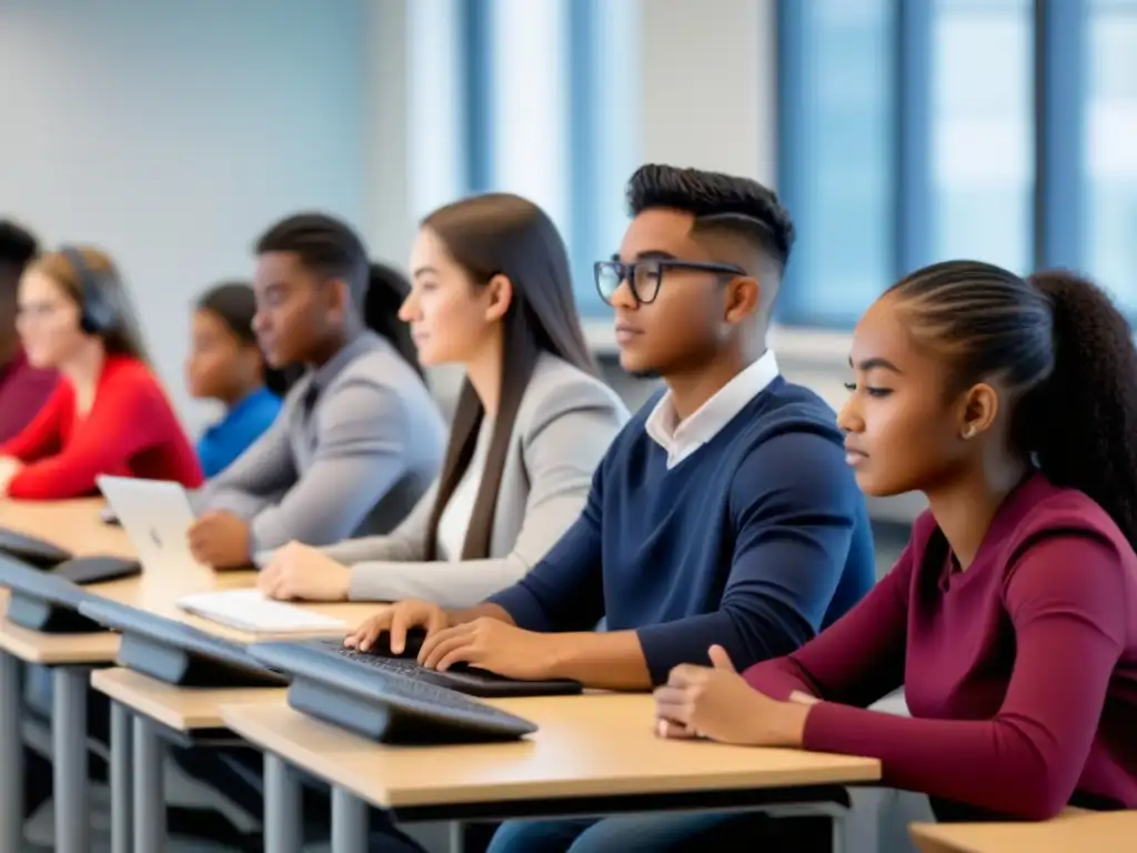 Estudiantes diversos usando software educativo adaptativo en aula moderna y armoniosa