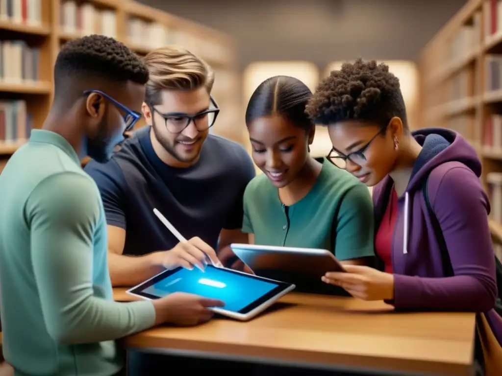 Estudiantes diversos colaborando en una tableta digital rodeados de libros y herramientas educativas, simbolizando la innovación educativa en Uruguay global