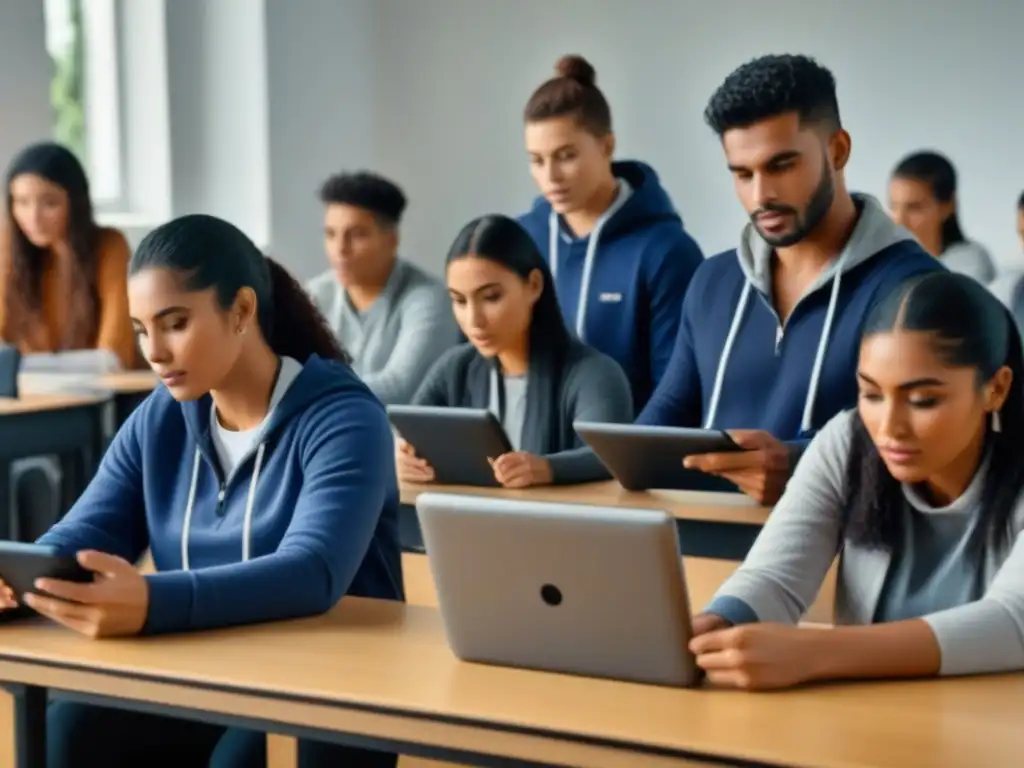 Estudiantes diversos aprendiendo con tecnología en aula digital del sistema educativo de Uruguay