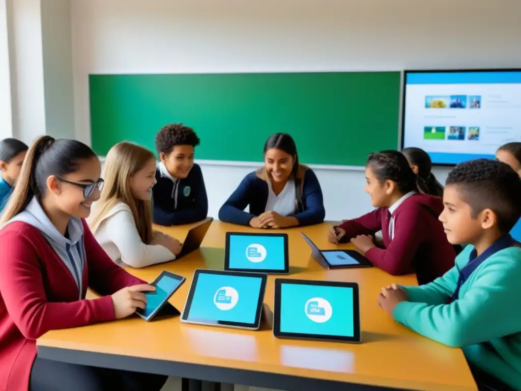 Estudiantes diversos colaboran con tecnología en aula moderna en Uruguay, transmitiendo inclusión y trabajo en equipo