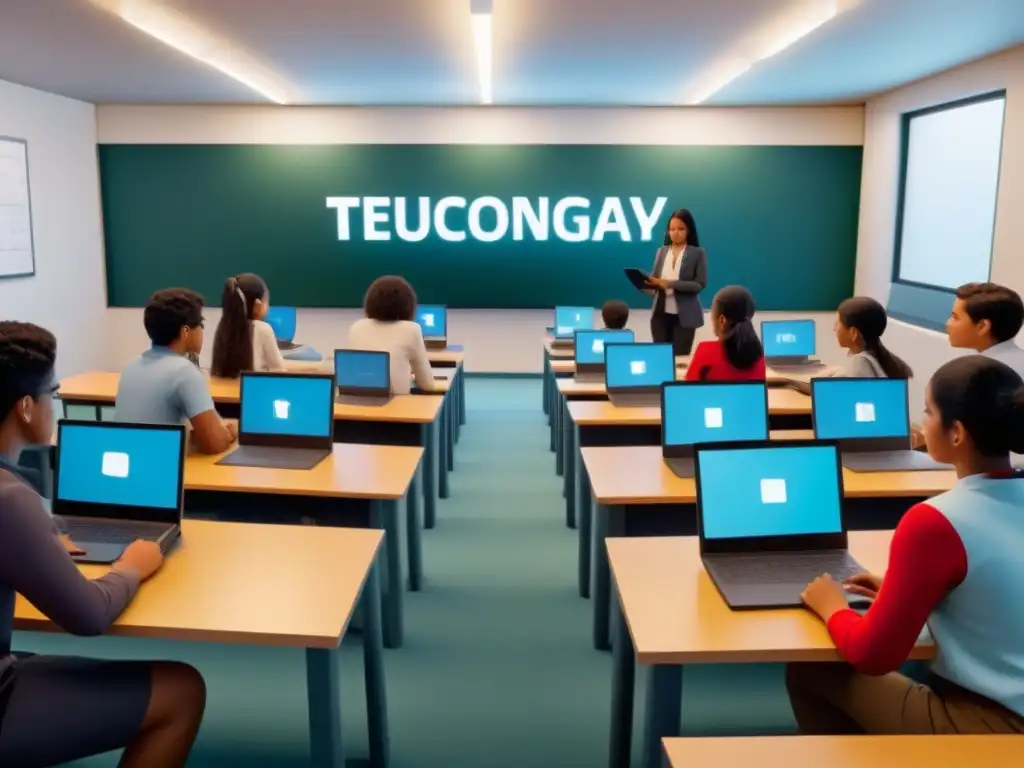 Estudiantes diversos interactúan con tecnología educativa en un aula virtual, fusionando lo tradicional y lo moderno en la educación en tiempos de pandemia en Uruguay