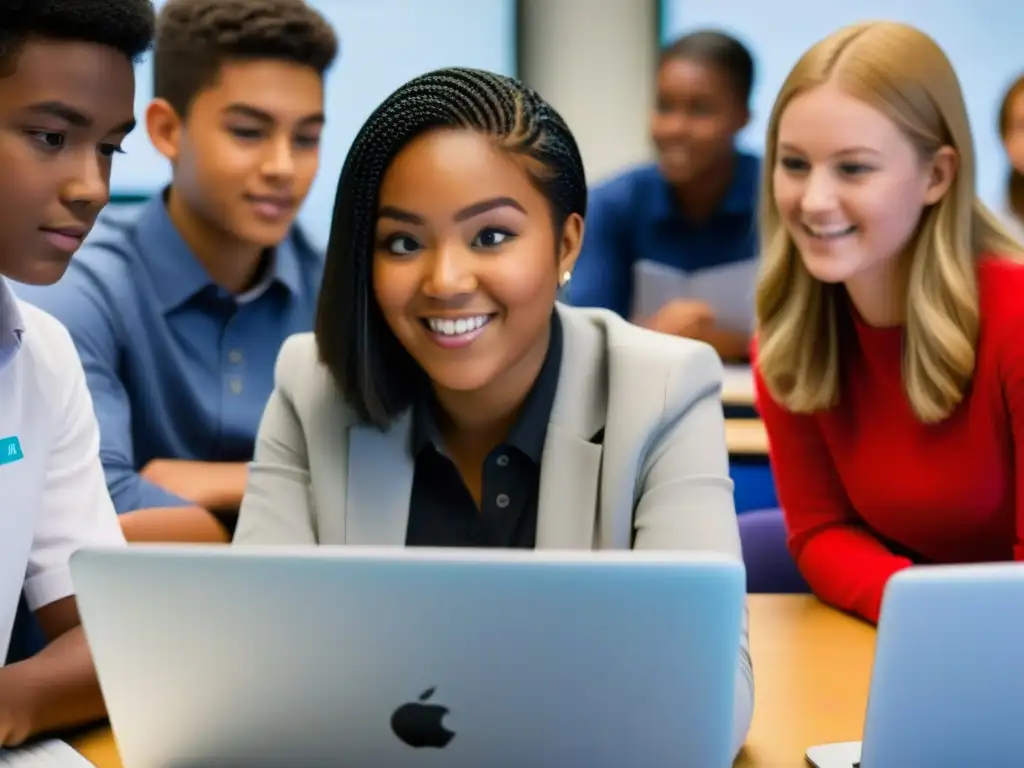 Estudiantes diversos usando tecnología educativa en el aula para mejorar resultados educación Uruguay datos