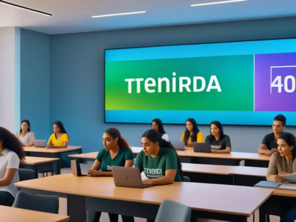 Estudiantes diversos interactúan con tecnología educativa en un aula moderna en Uruguay